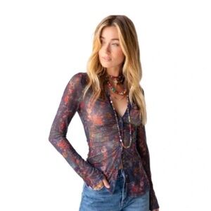 Natural Life Carina Sheer Mesh Top – Dark Floral Button Down – Size L